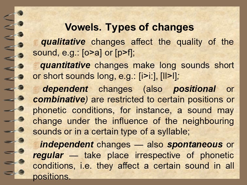 Vowels. Types of changes    qualitative changes affect the quality of the